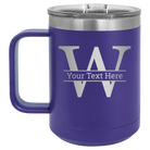 Personalized purple 15 oz vacuum insulated coffee mug with 'Monogram letter W' design