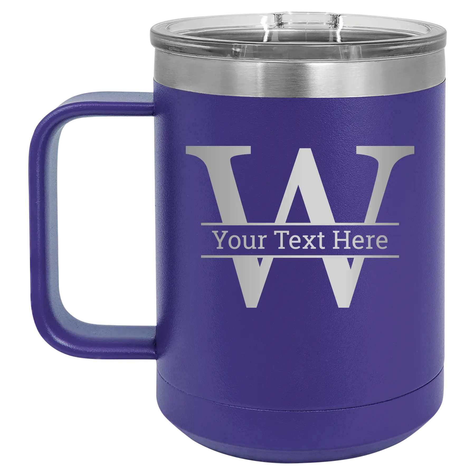 Personalized purple 15 oz vacuum insulated coffee mug with 'Monogram letter W' design
