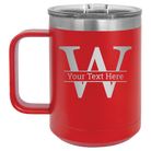 Personalized red 15 oz vacuum insulated coffee mug with 'Monogram letter W' design