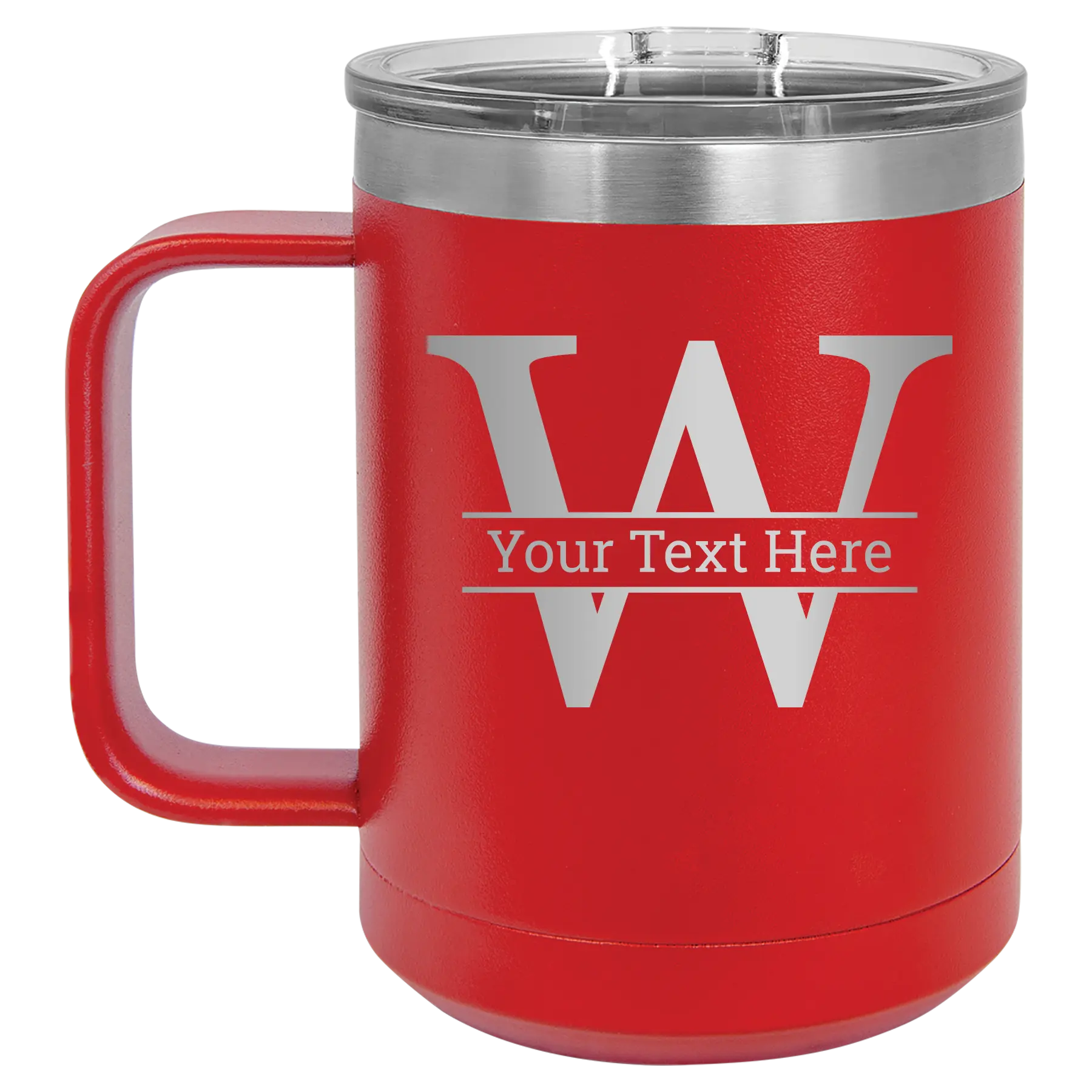 Personalized red 15 oz vacuum insulated coffee mug with 'Monogram letter W' design