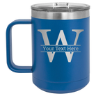 Personalized royal blue 15 oz vacuum insulated coffee mug with 'Monogram letter W' design
