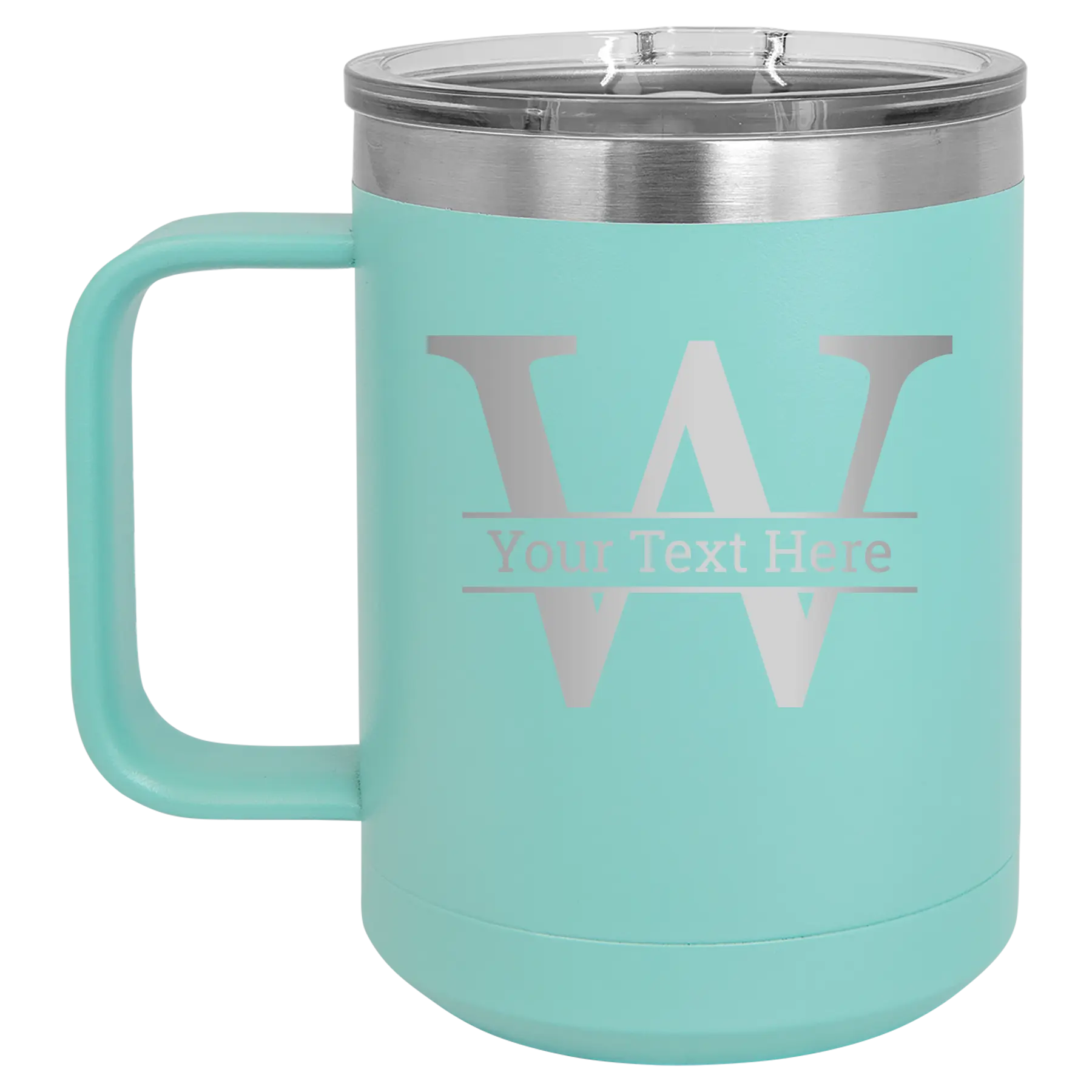 Personalized teal 15 oz vacuum insulated coffee mug with 'Monogram letter W' design