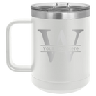 Personalized white 15 oz vacuum insulated coffee mug with 'Monogram letter W' design
