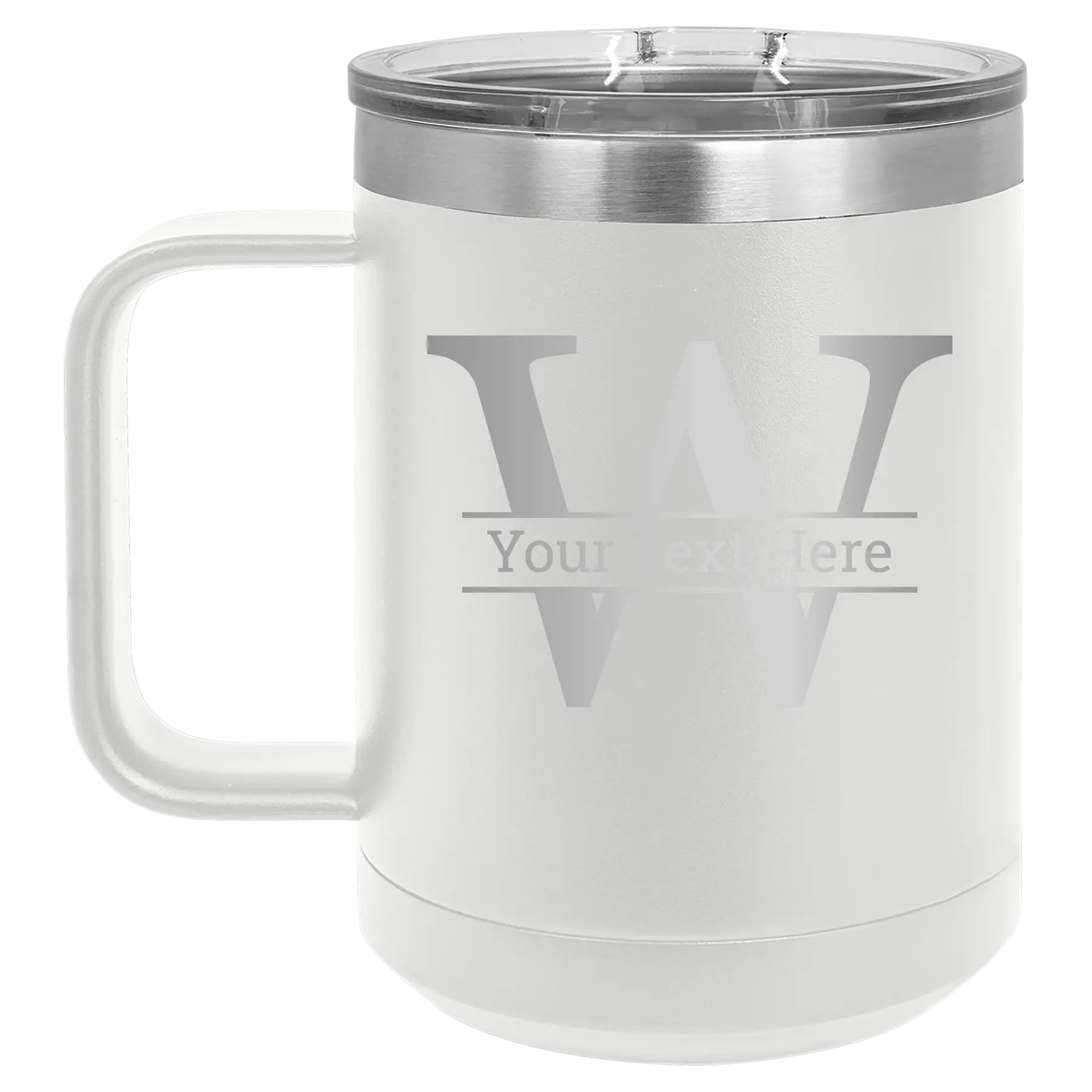 Personalized white 15 oz vacuum insulated coffee mug with 'Monogram letter W' design