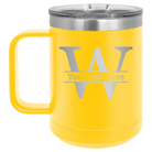 Personalized yellow 15 oz vacuum insulated coffee mug with 'Monogram letter W' design