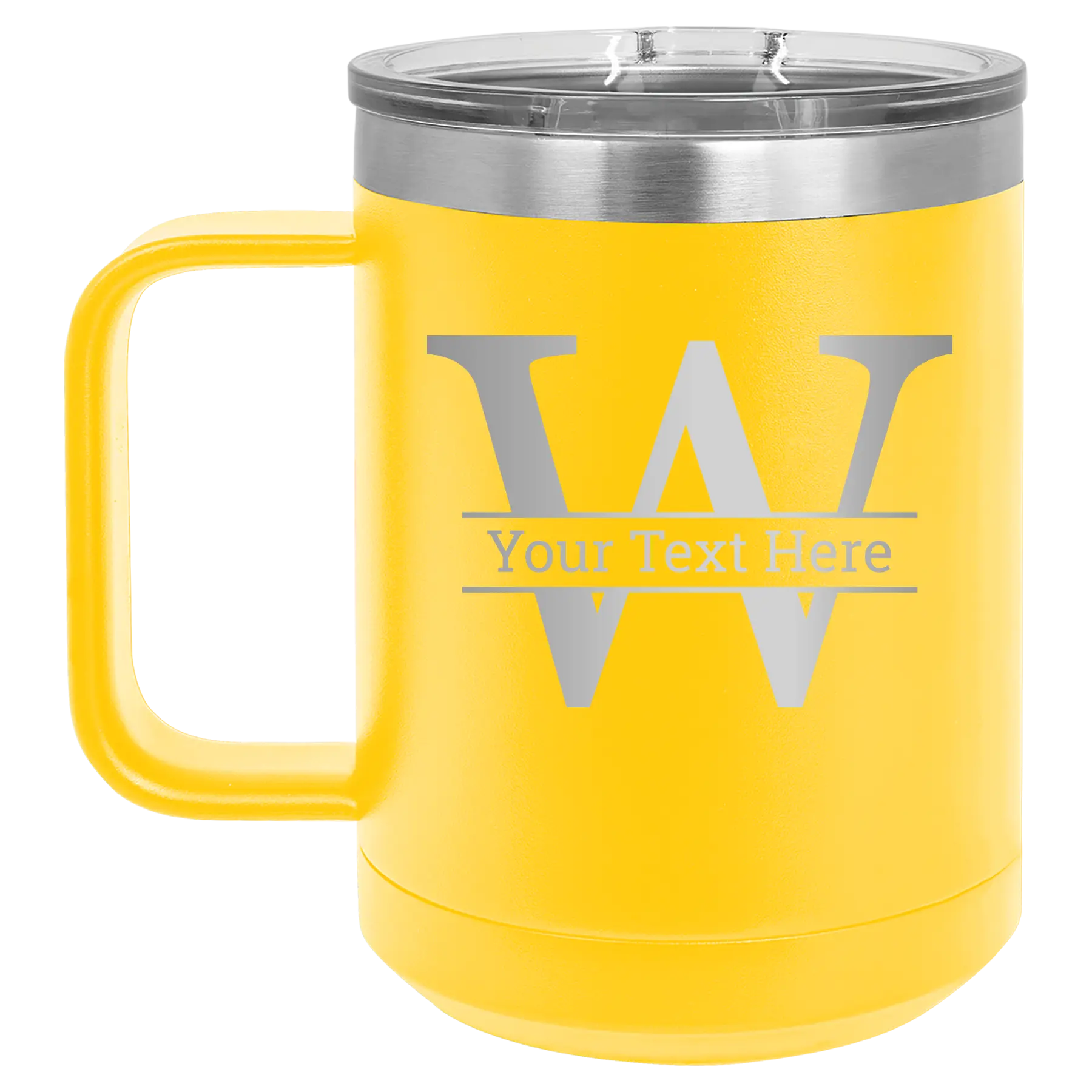 Personalized yellow 15 oz vacuum insulated coffee mug with 'Monogram letter W' design