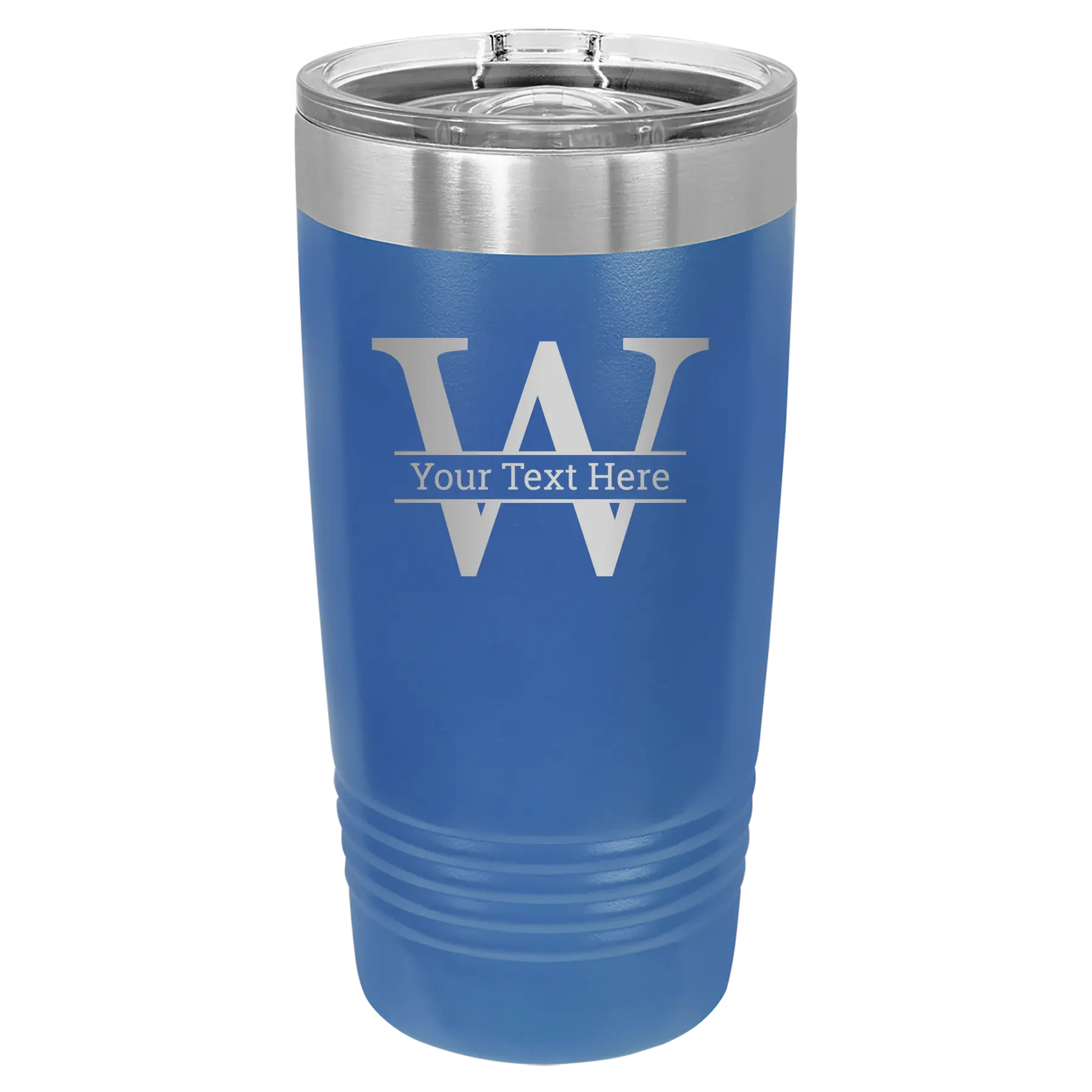 Personalized royal blue 20 oz vacuum insulated tumbler with 'Monogram letter W' design