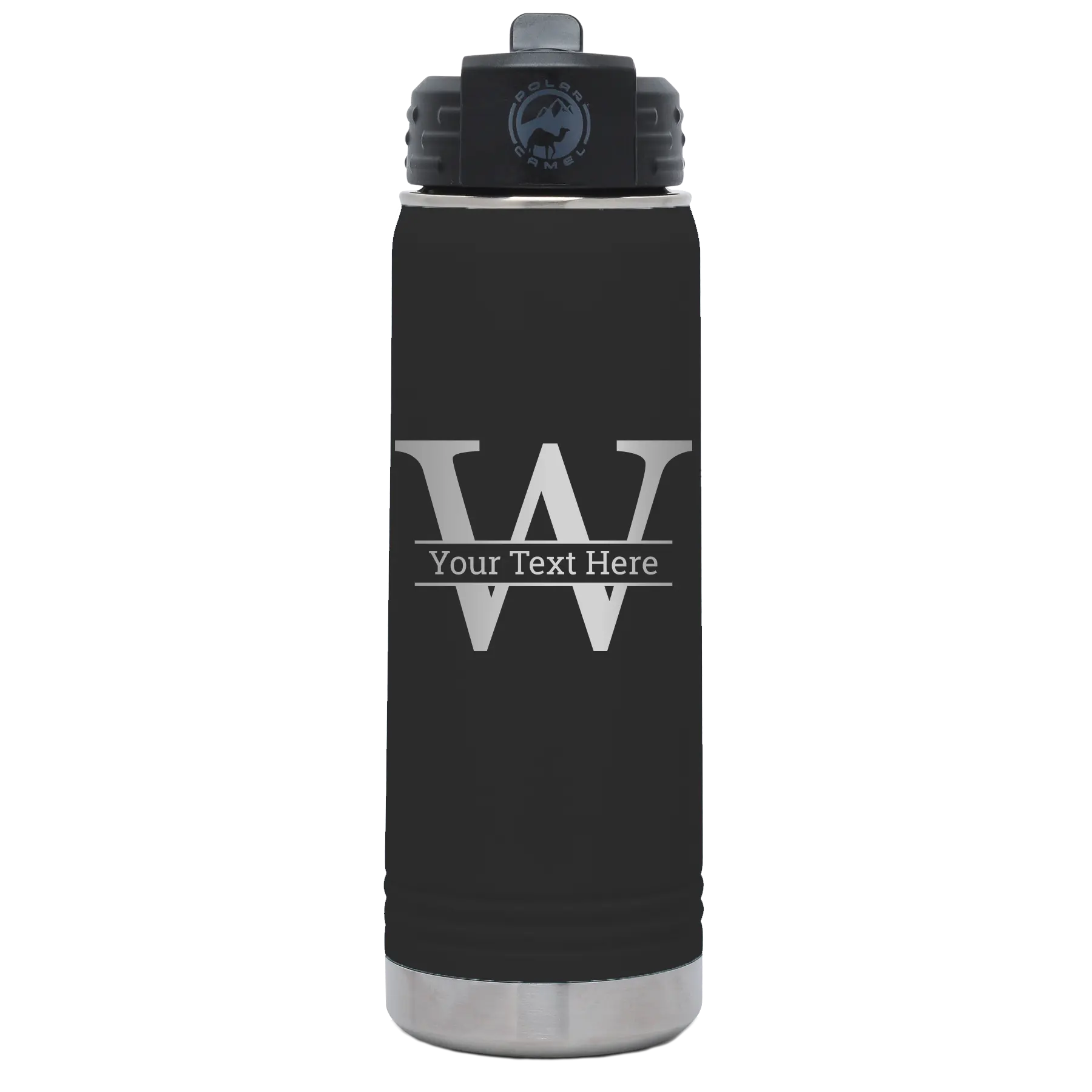 Personalized black 20 oz vacuum insulated water bottle with 'Monogram letter W' design