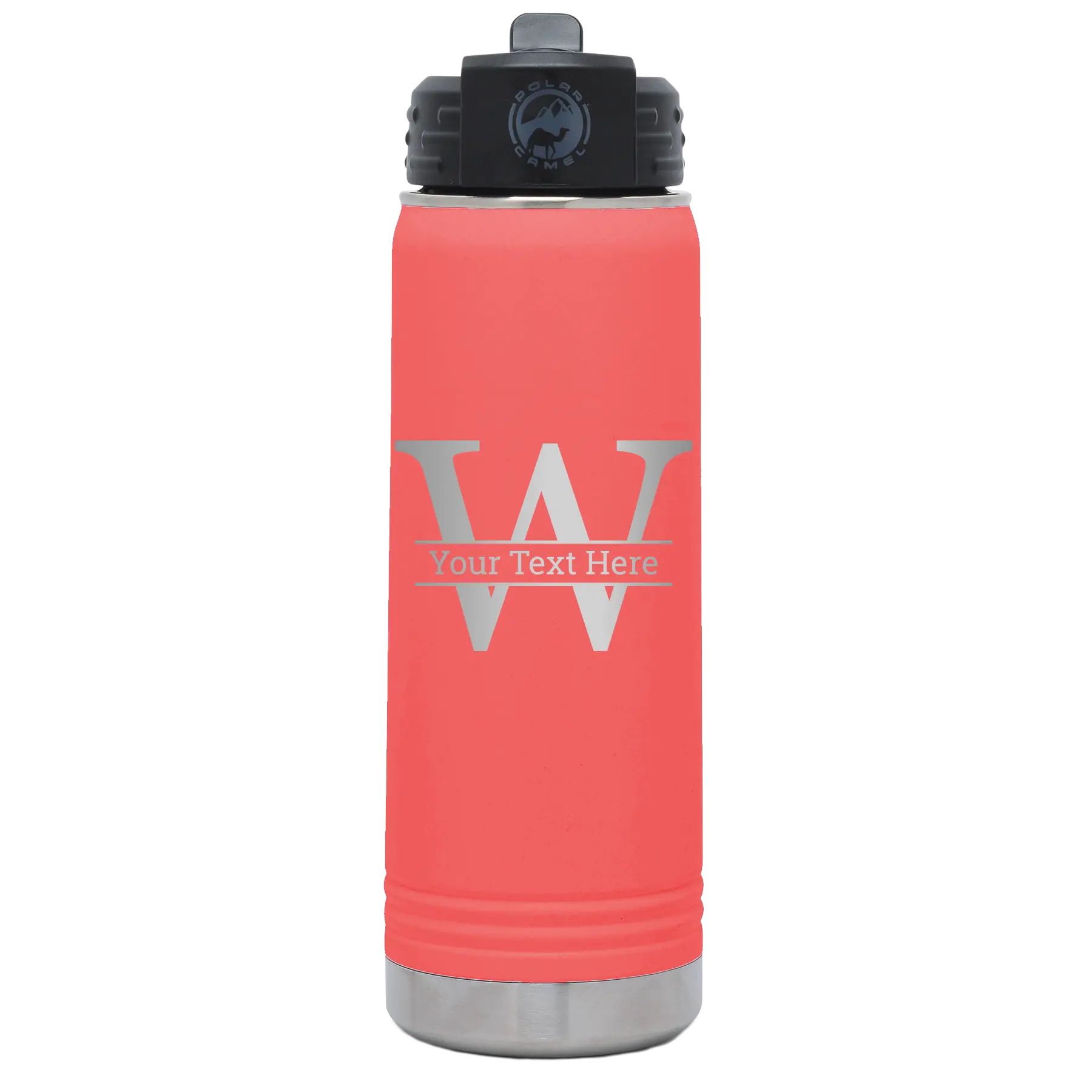Personalized coral 20 oz vacuum insulated water bottle with 'Monogram letter W' design