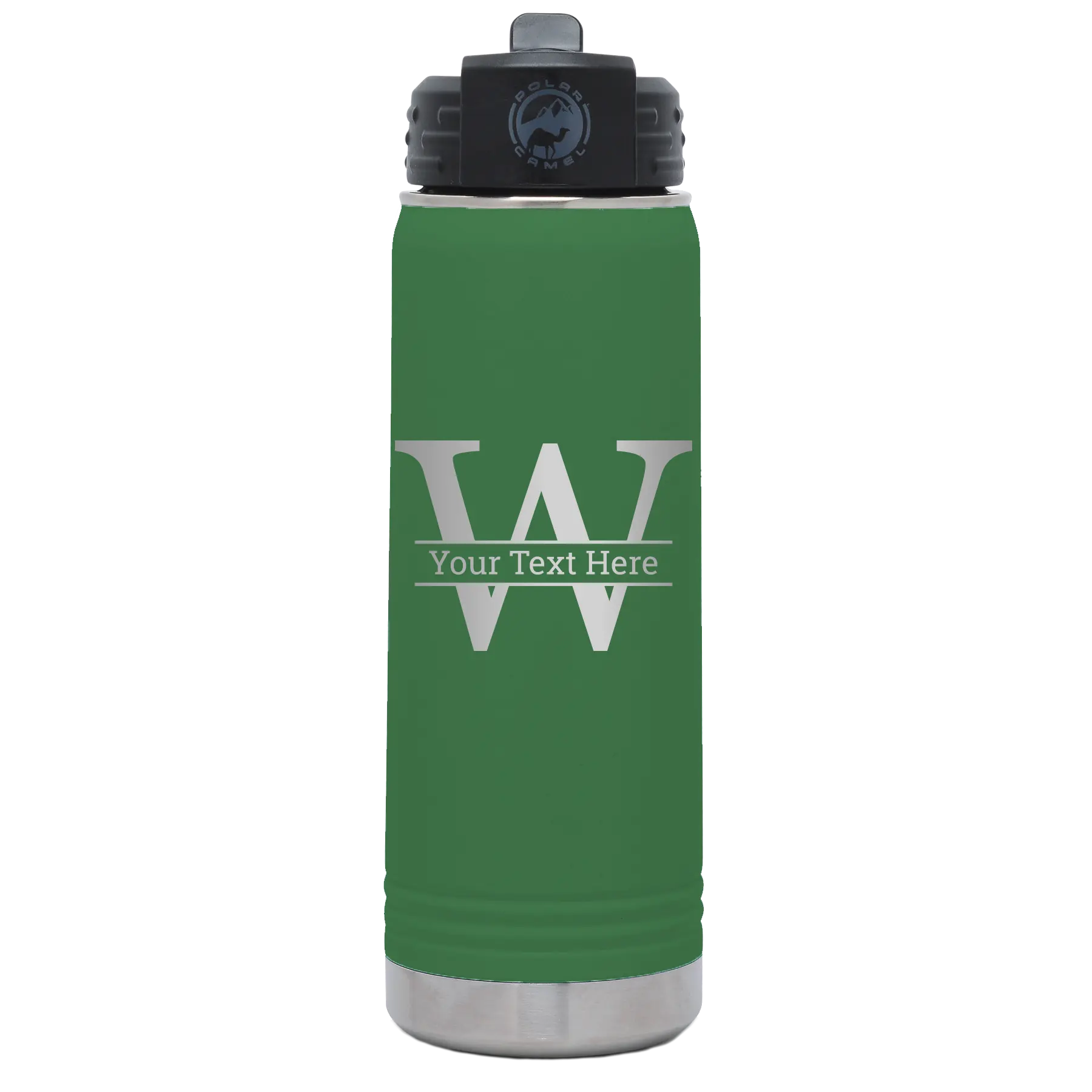 Personalized green 20 oz vacuum insulated water bottle with 'Monogram letter W' design