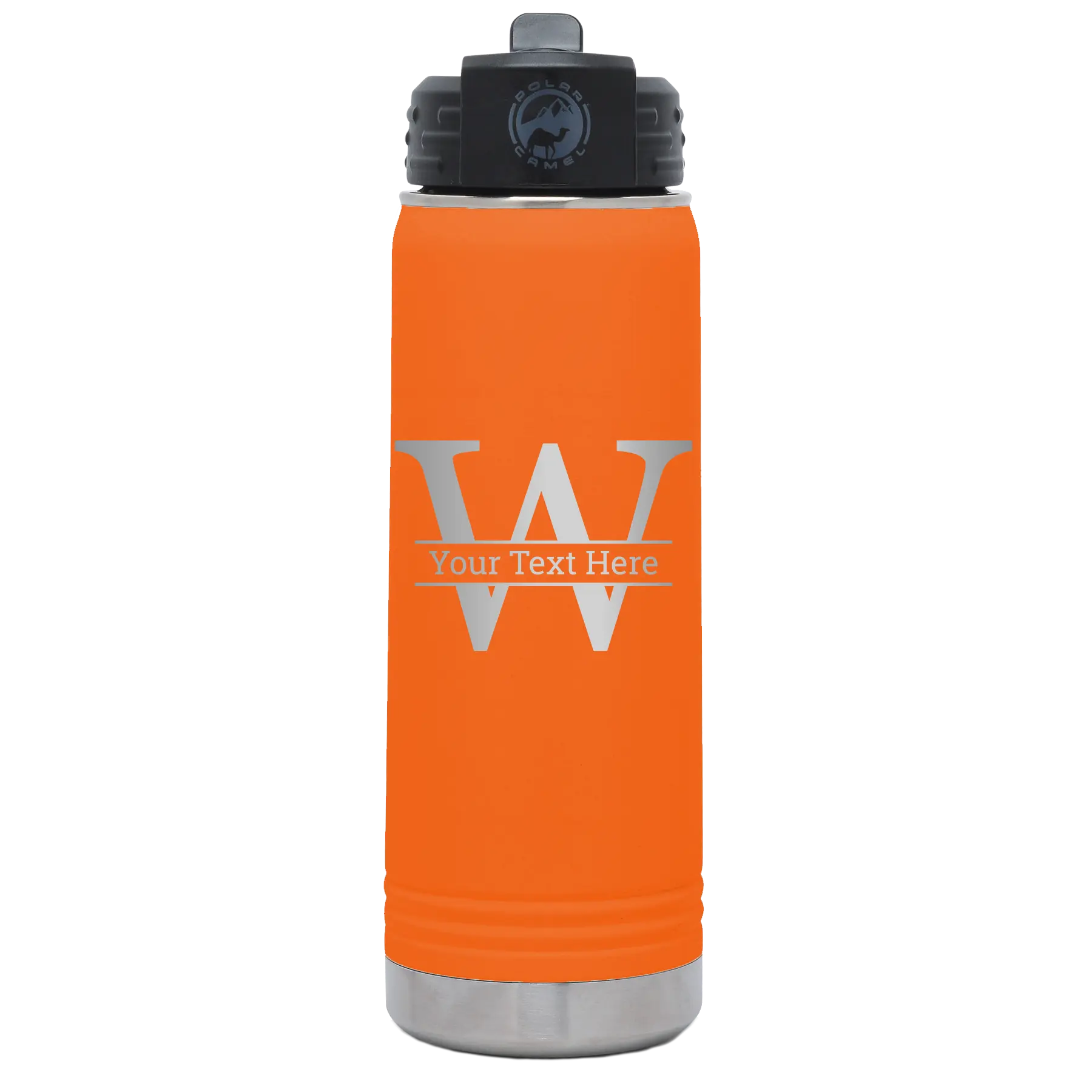 Personalized orange 20 oz vacuum insulated water bottle with 'Monogram letter W' design