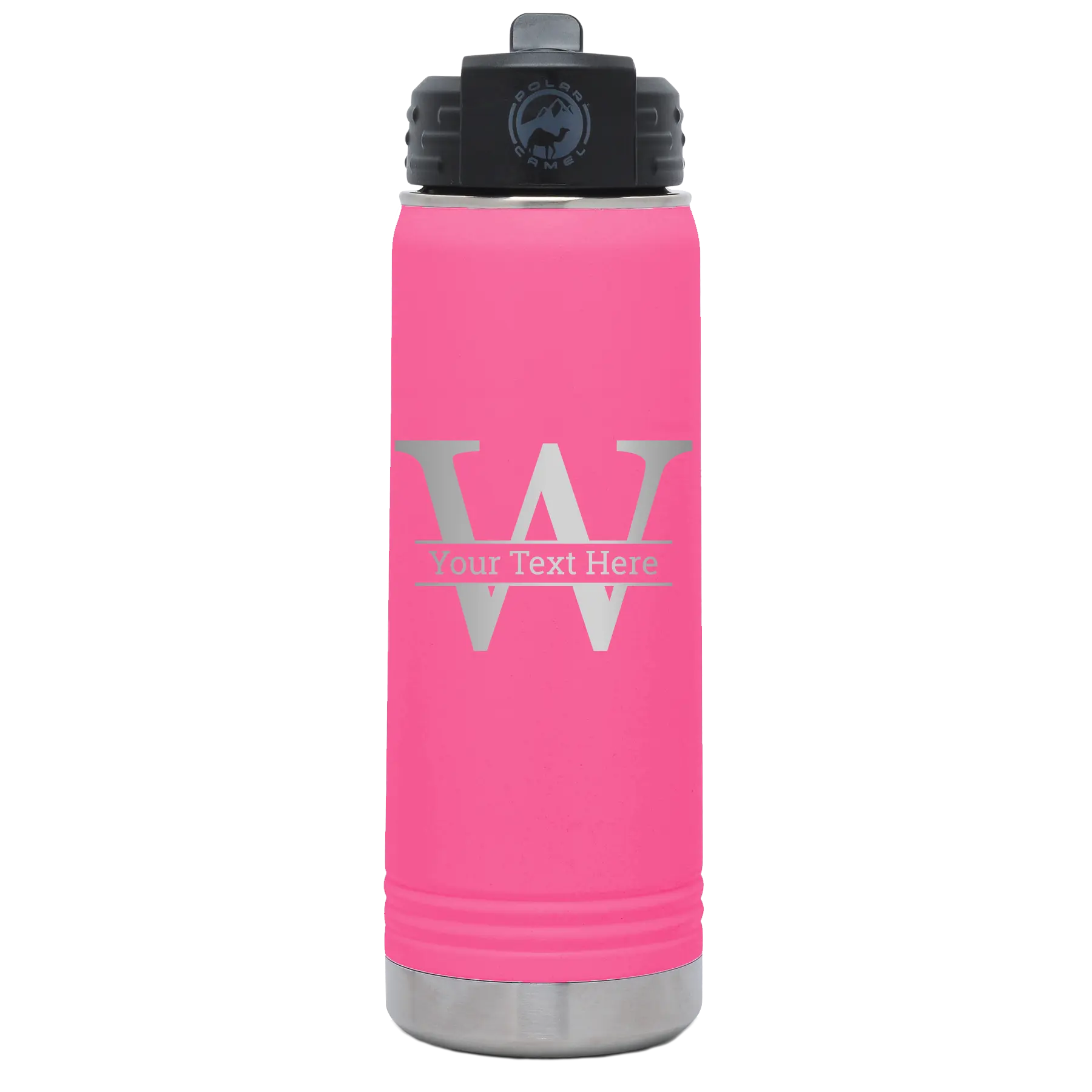Personalized pink 20 oz vacuum insulated water bottle with 'Monogram letter W' design