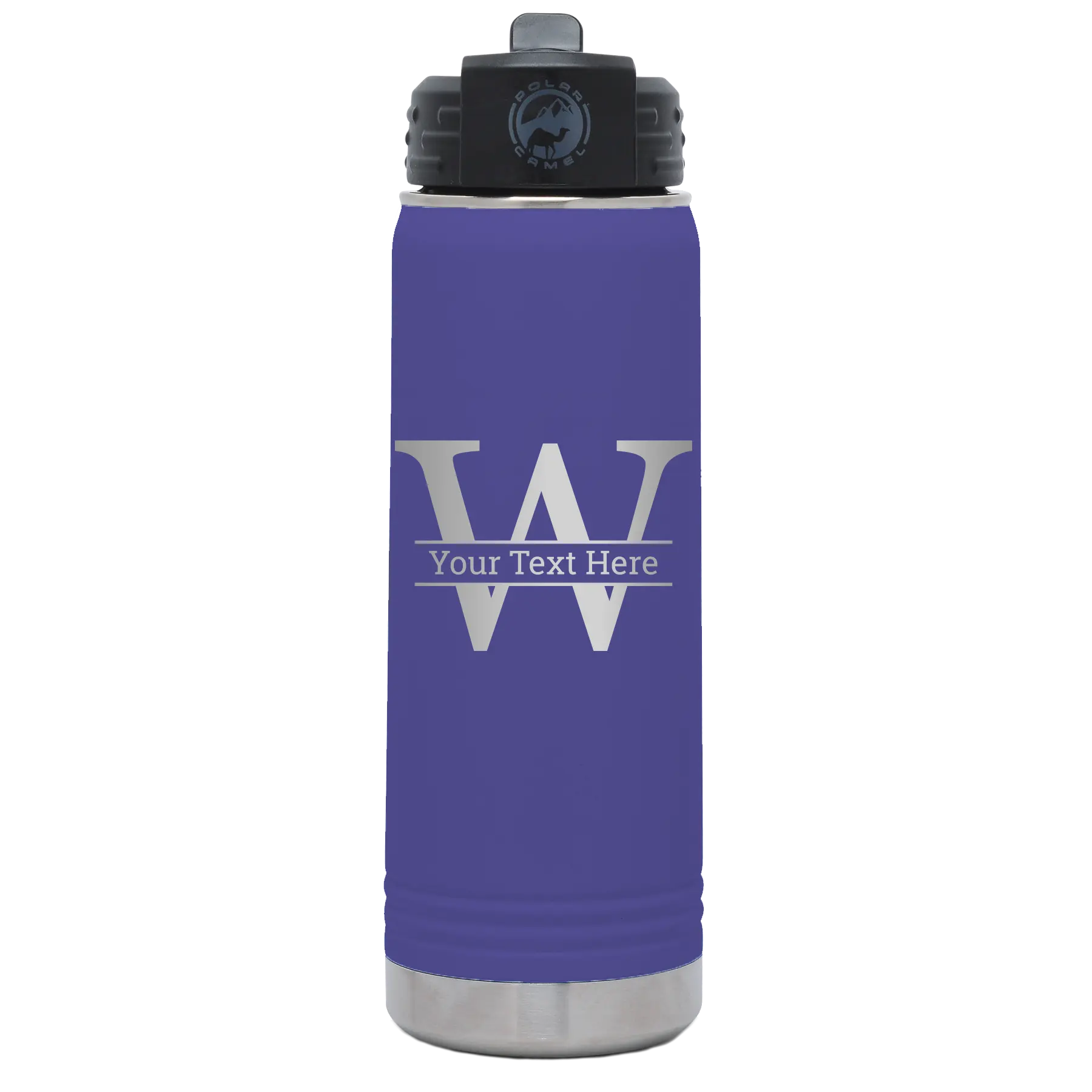 Personalized purple 20 oz vacuum insulated water bottle with 'Monogram letter W' design