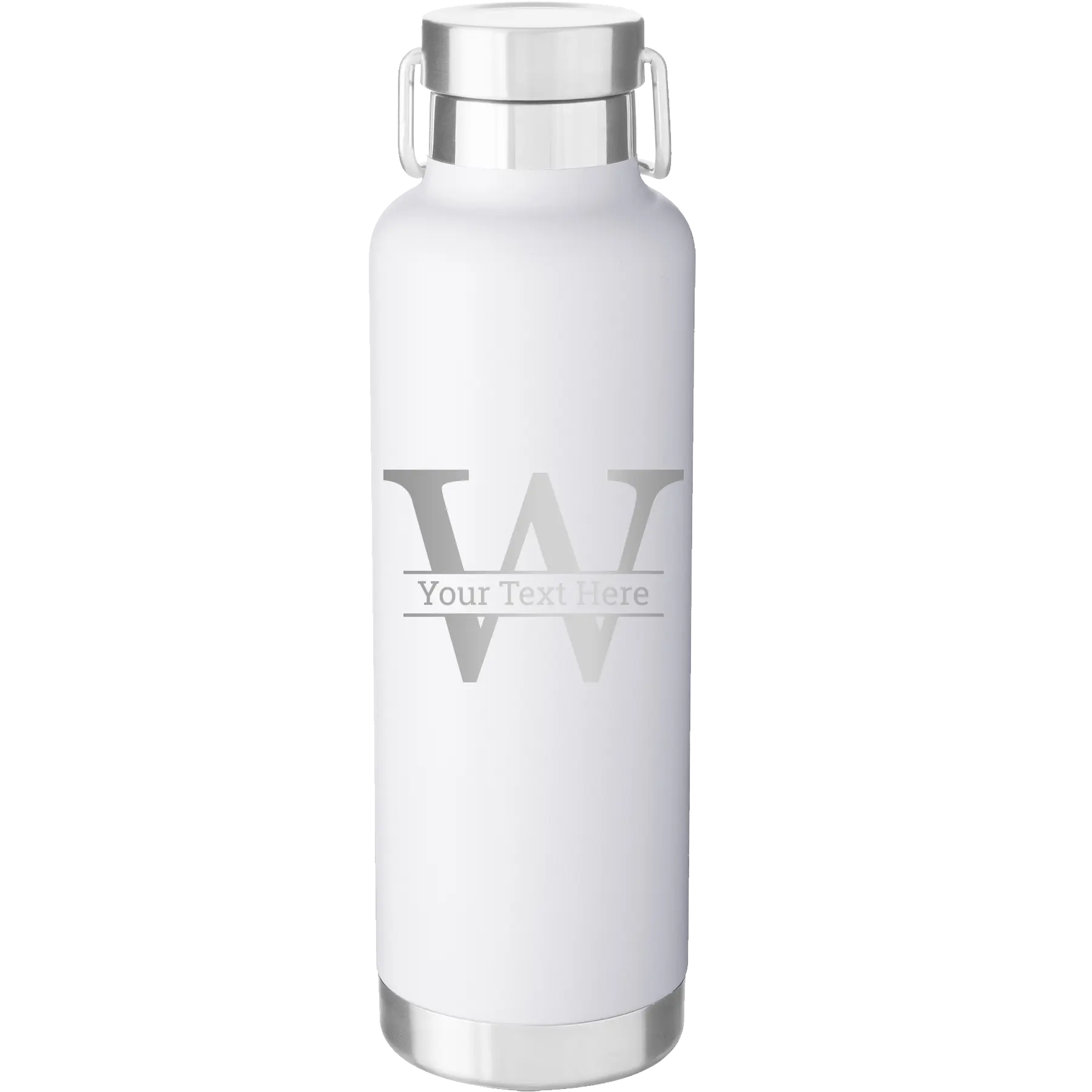 Personalized white 24 oz vacuum insulated water bottle with 'Monogram letter W' design