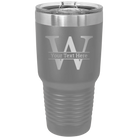 Personalized dark gray 30 oz vacuum insulated tumbler with 'Monogram letter W' design
