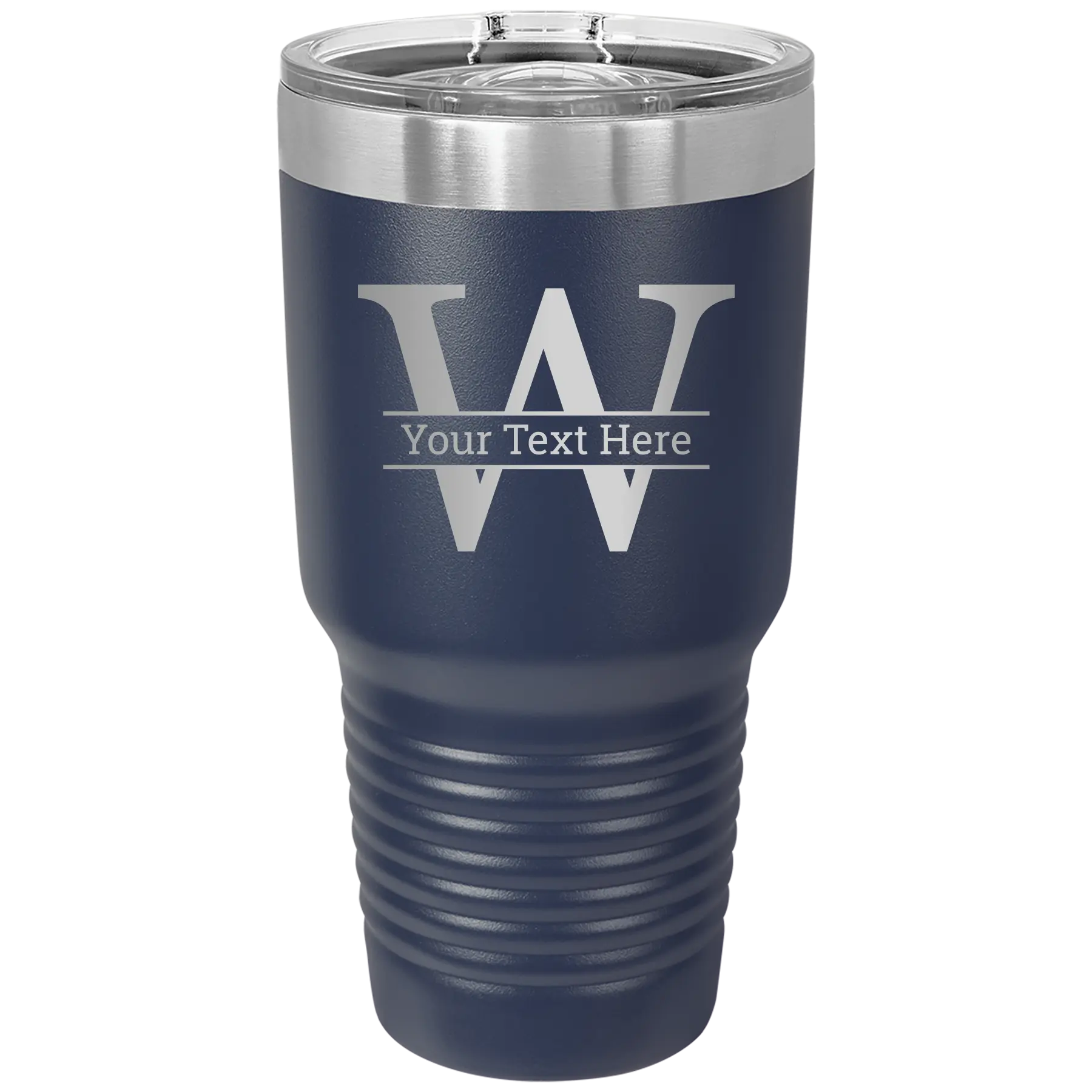 Personalized navy 30 oz vacuum insulated tumbler with 'Monogram letter W' design