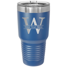 Personalized royal blue 30 oz vacuum insulated tumbler with 'Monogram letter W' design