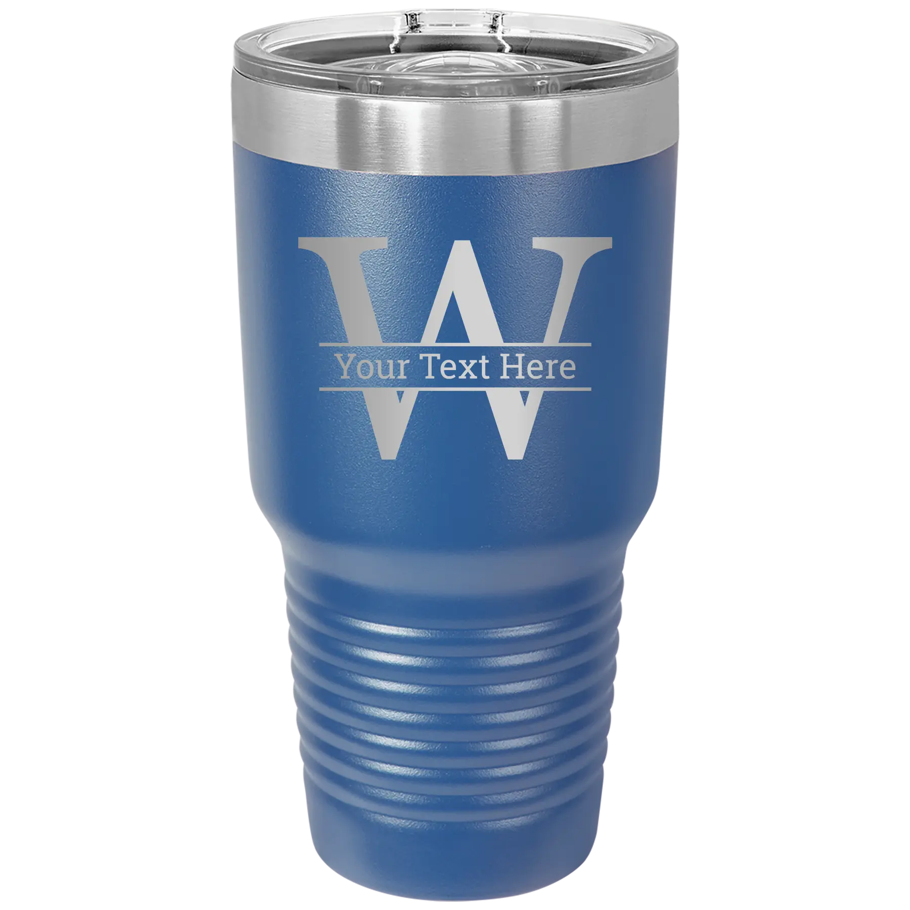 Personalized royal blue 30 oz vacuum insulated tumbler with 'Monogram letter W' design