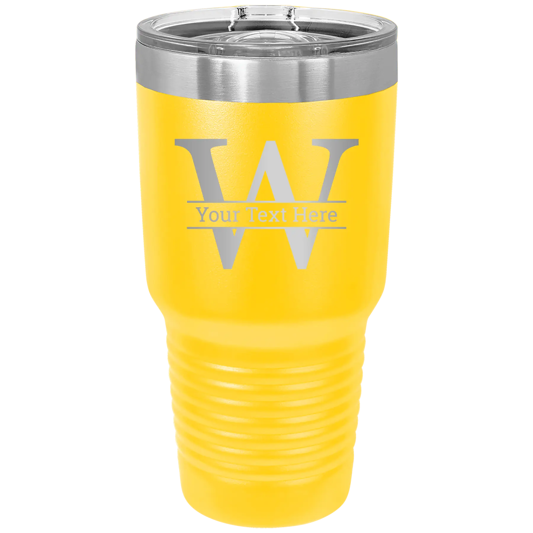 Personalized yellow 30 oz vacuum insulated tumbler with 'Monogram letter W' design
