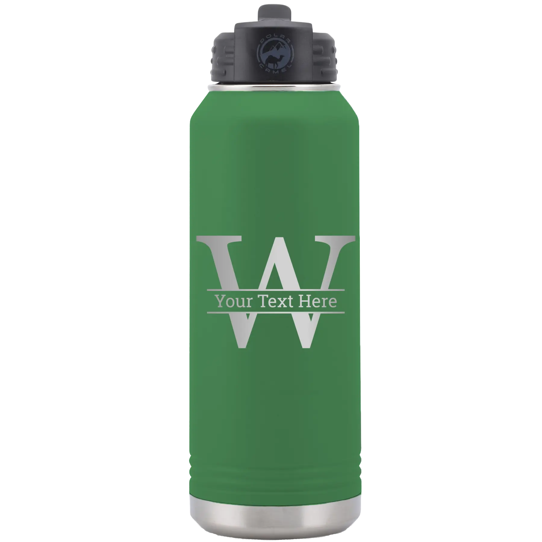 Personalized green 32 oz vacuum insulated water bottle with 'Monogram letter W' design