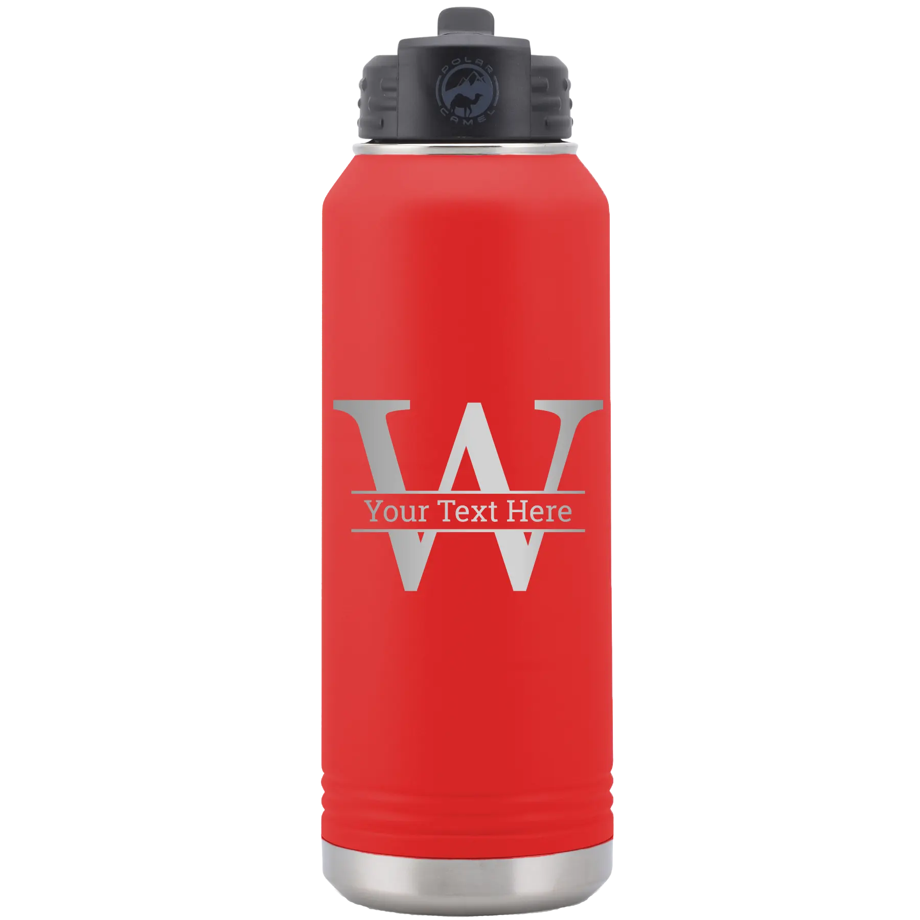 Personalized red 32 oz vacuum insulated water bottle with 'Monogram letter W' design