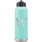Personalized teal 32 oz vacuum insulated water bottle with 'Monogram letter W' design