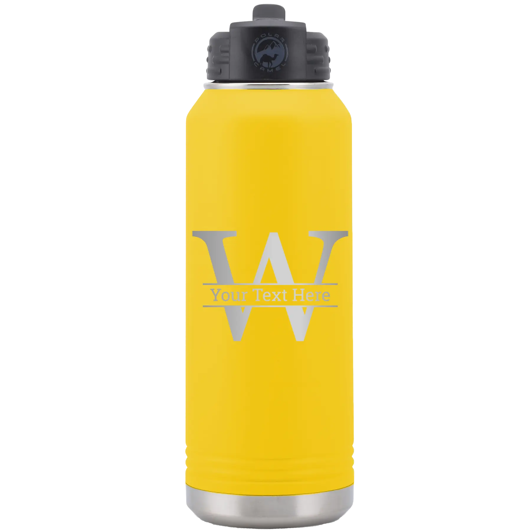 Personalized yellow 32 oz vacuum insulated water bottle with 'Monogram letter W' design