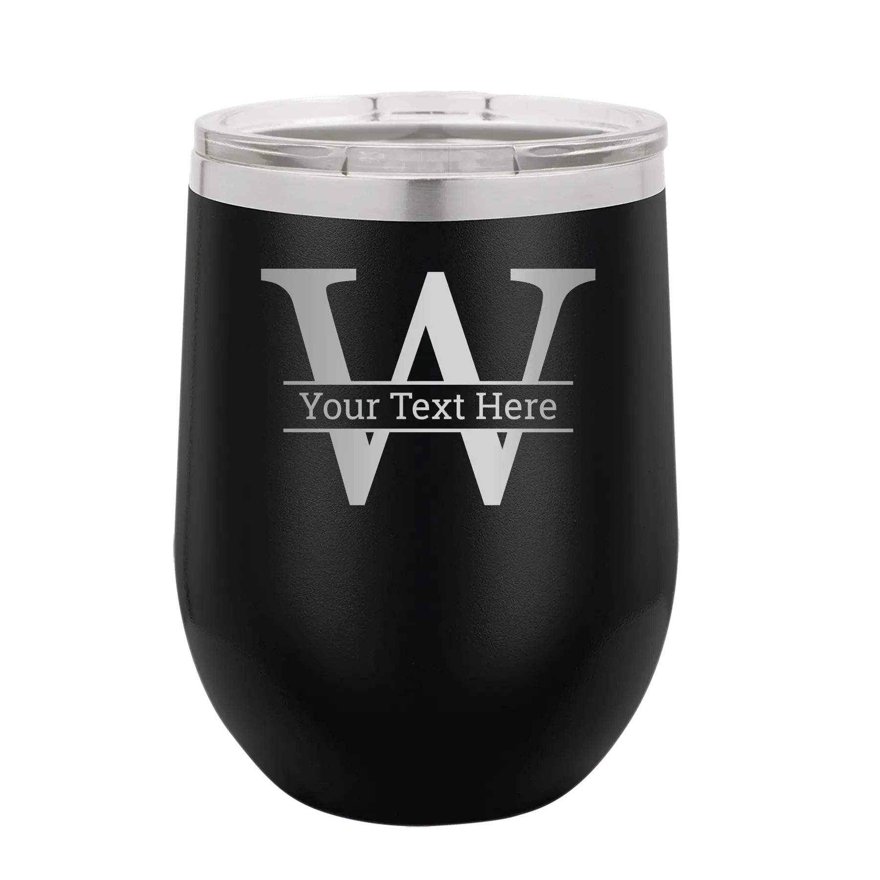 Personalized black 12 oz vacuum insulated wine cup with 'Monogram letter W' design