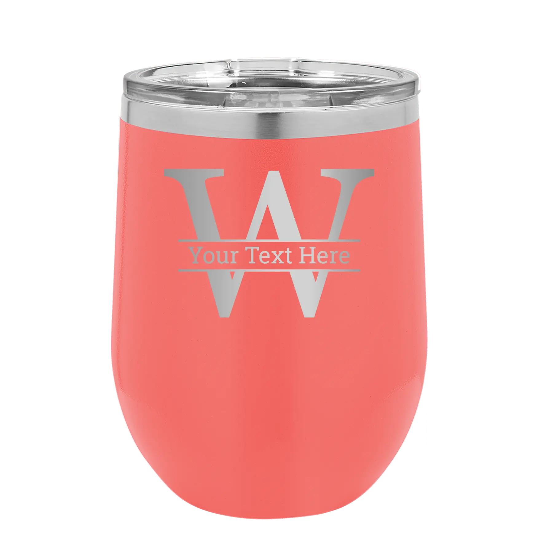Personalized coral 12 oz vacuum insulated wine cup with 'Monogram letter W' design