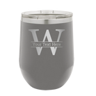 Personalized dark gray 12 oz vacuum insulated wine cup with 'Monogram letter W' design
