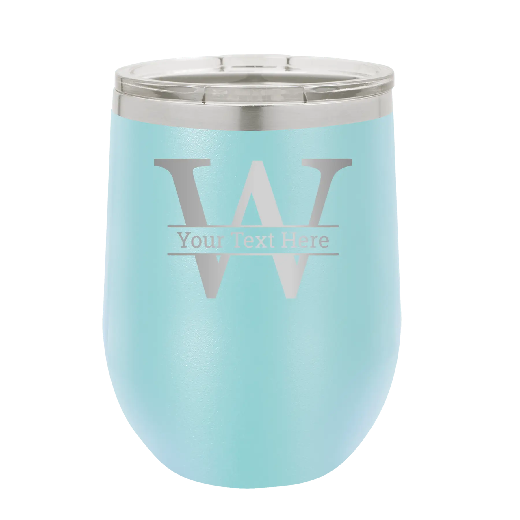 Personalized light blue 12 oz vacuum insulated wine cup with 'Monogram letter W' design