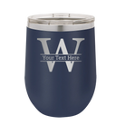 Personalized navy 12 oz vacuum insulated wine cup with 'Monogram letter W' design