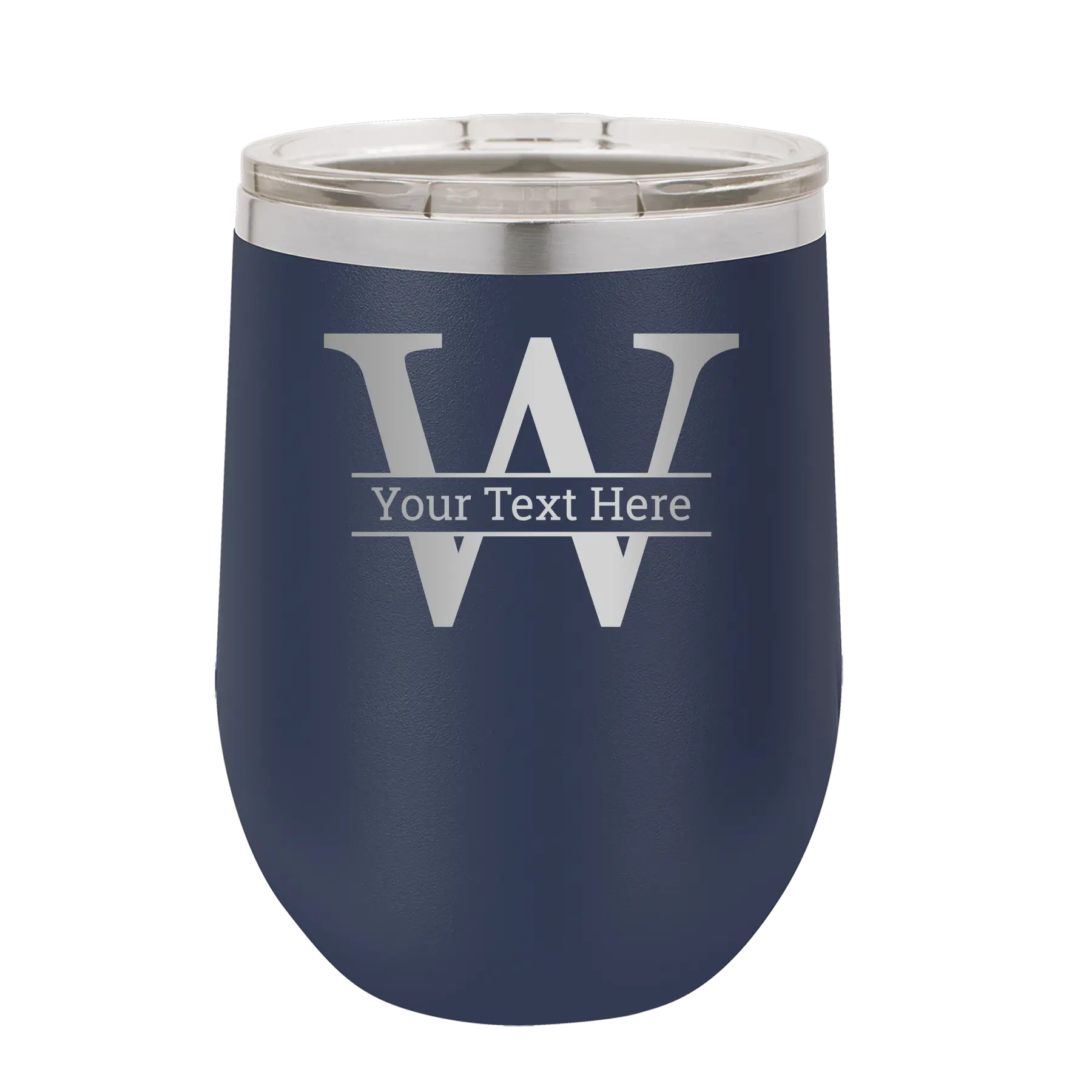 Personalized navy 12 oz vacuum insulated wine cup with 'Monogram letter W' design