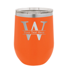 Personalized orange 12 oz vacuum insulated wine cup with 'Monogram letter W' design