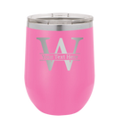 Personalized pink 12 oz vacuum insulated wine cup with 'Monogram letter W' design