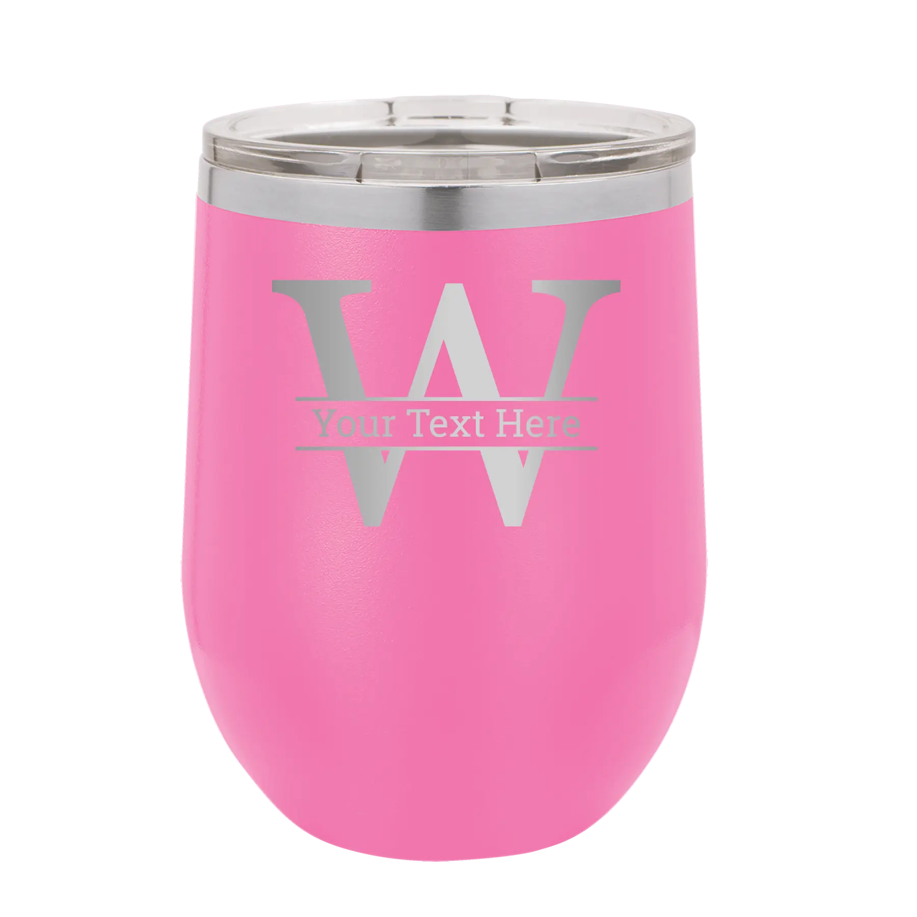 Personalized pink 12 oz vacuum insulated wine cup with 'Monogram letter W' design
