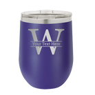 Personalized purple 12 oz vacuum insulated wine cup with 'Monogram letter W' design