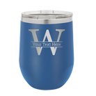 Personalized royal blue 12 oz vacuum insulated wine cup with 'Monogram letter W' design
