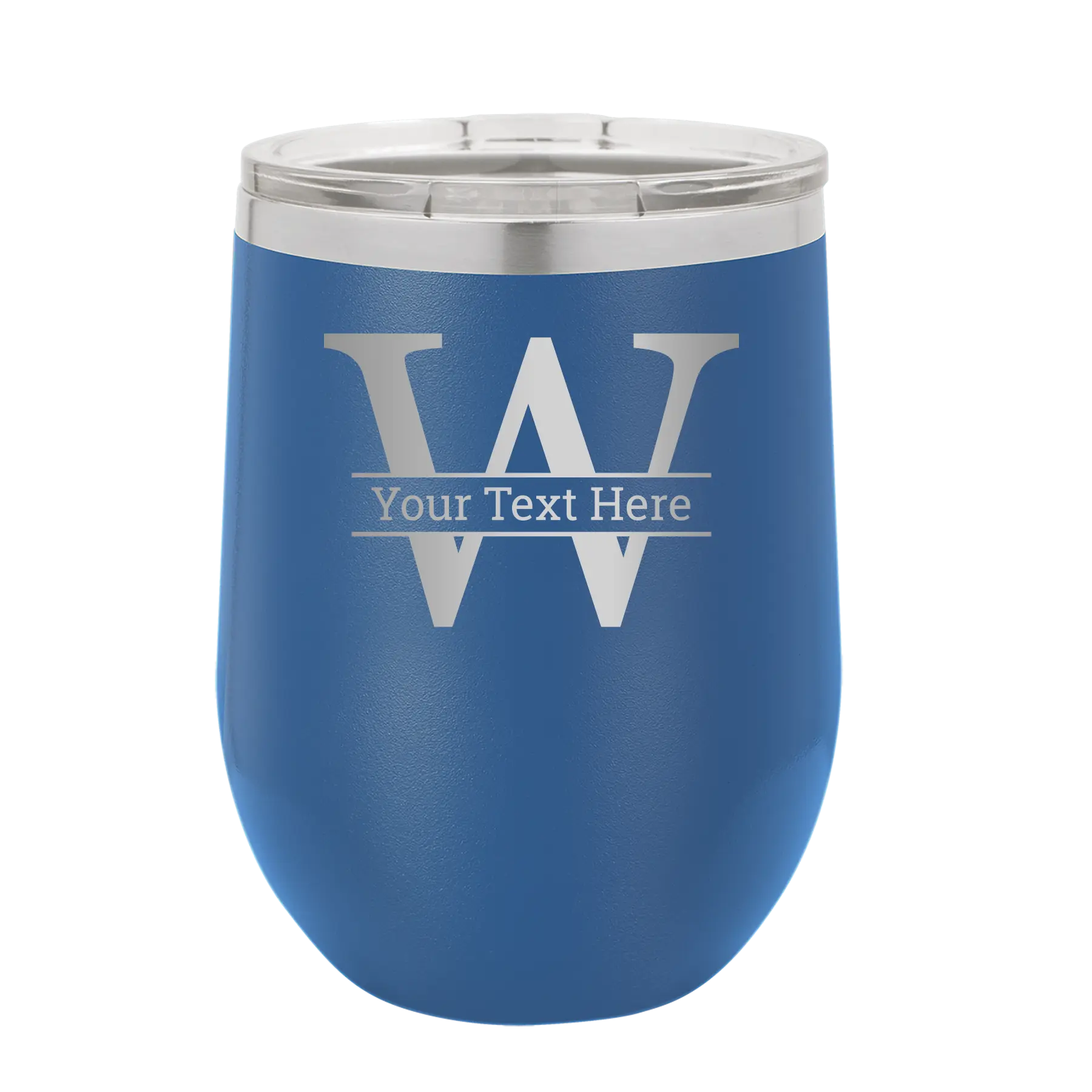 Personalized royal blue 12 oz vacuum insulated wine cup with 'Monogram letter W' design