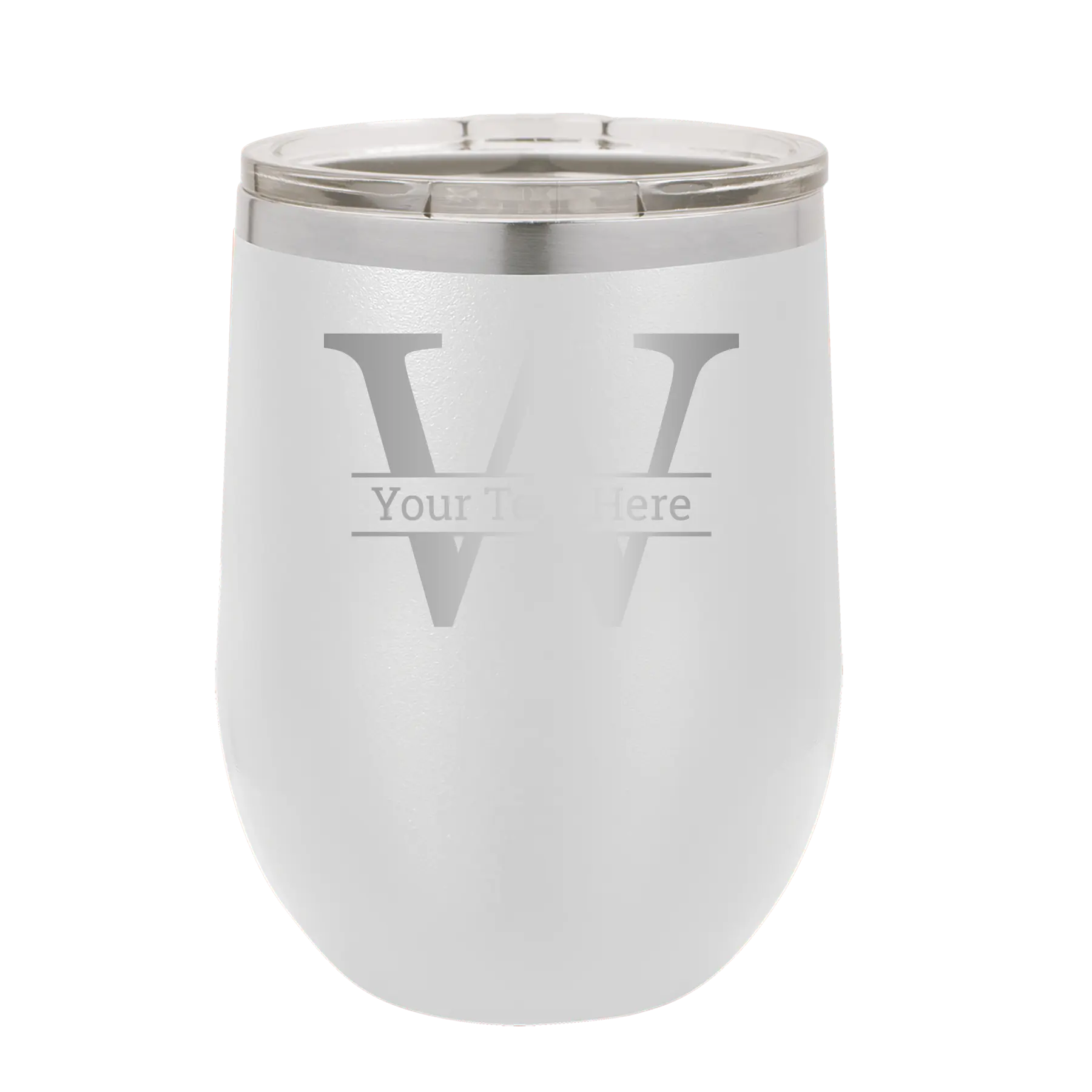Personalized white 12 oz vacuum insulated wine cup with 'Monogram letter W' design