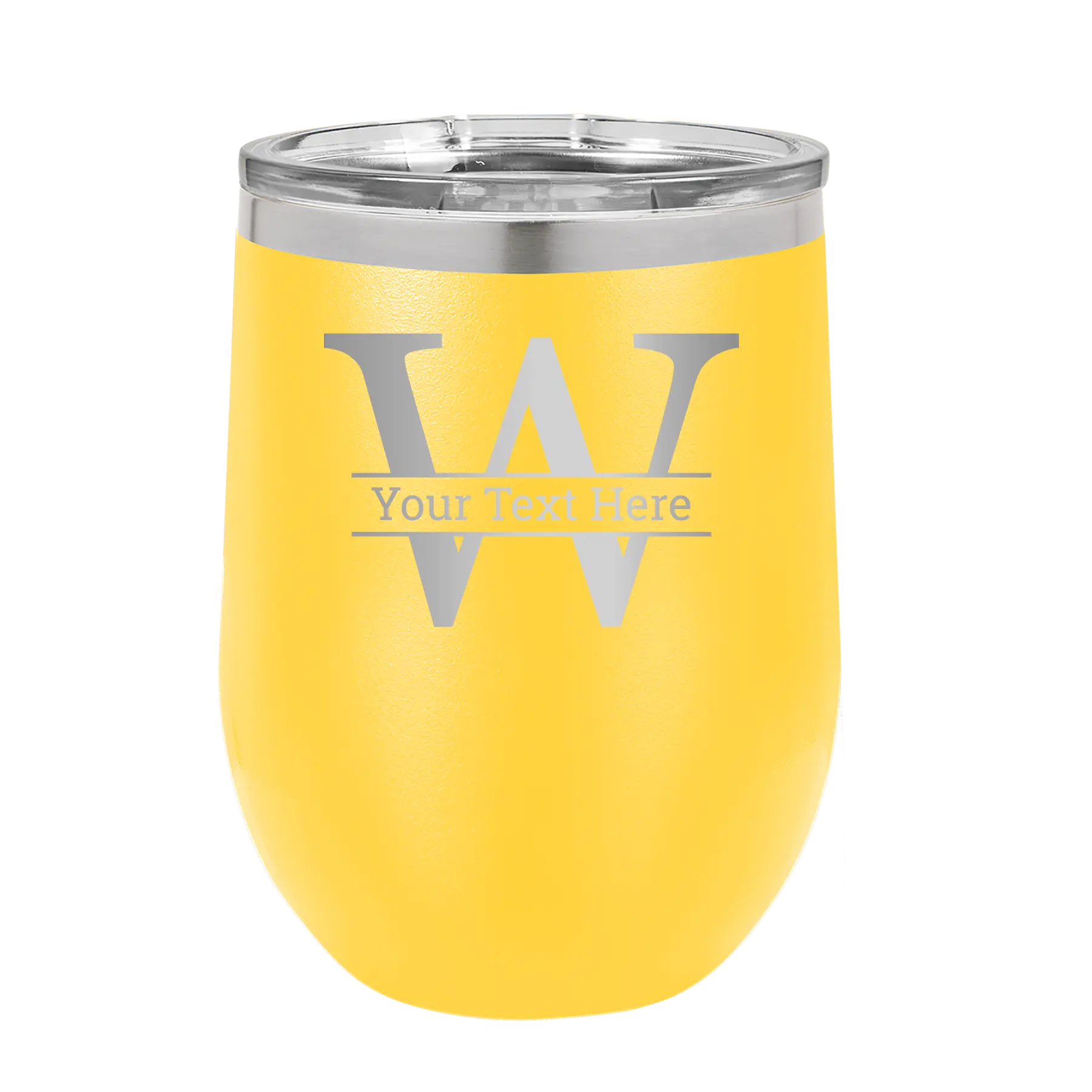Personalized yellow 12 oz vacuum insulated wine cup with 'Monogram letter W' design