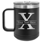 Personalized black 15 oz vacuum insulated coffee mug with 'Monogram letter X' design