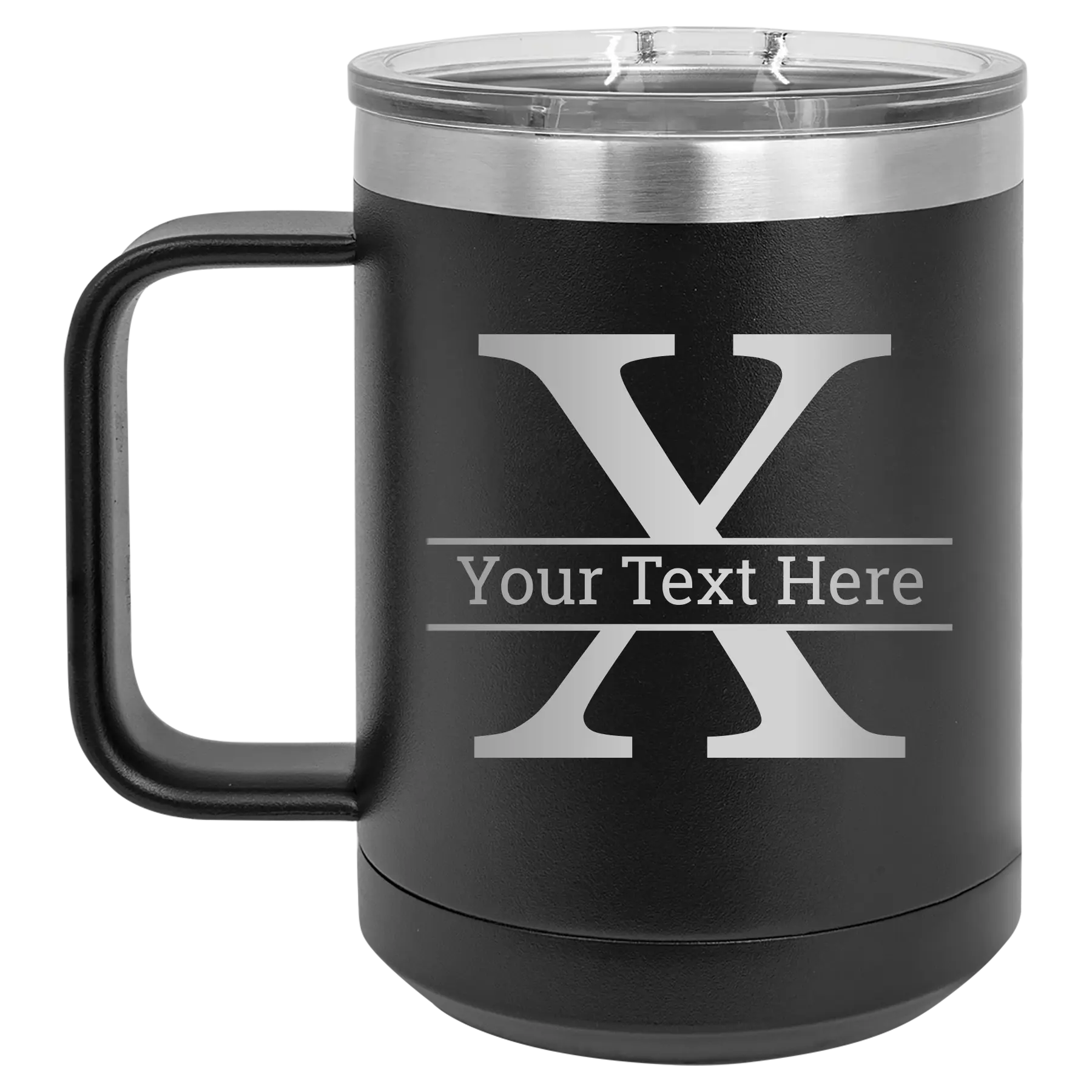 Personalized black 15 oz vacuum insulated coffee mug with 'Monogram letter X' design