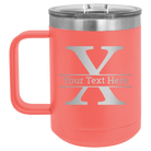 Personalized coral 15 oz vacuum insulated coffee mug with 'Monogram letter X' design