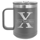 Personalized dark gray 15 oz vacuum insulated coffee mug with 'Monogram letter X' design