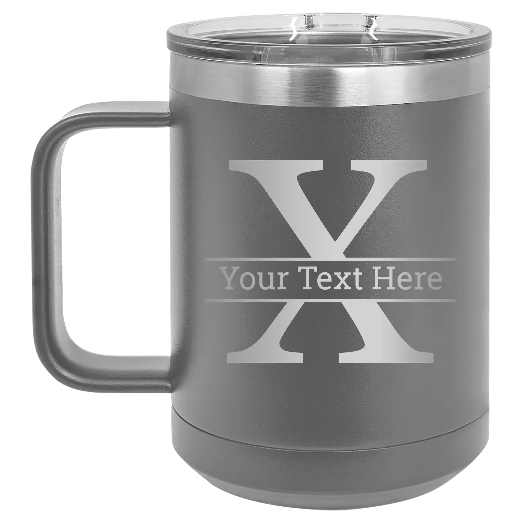 Personalized dark gray 15 oz vacuum insulated coffee mug with 'Monogram letter X' design