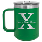 Personalized green 15 oz vacuum insulated coffee mug with 'Monogram letter X' design