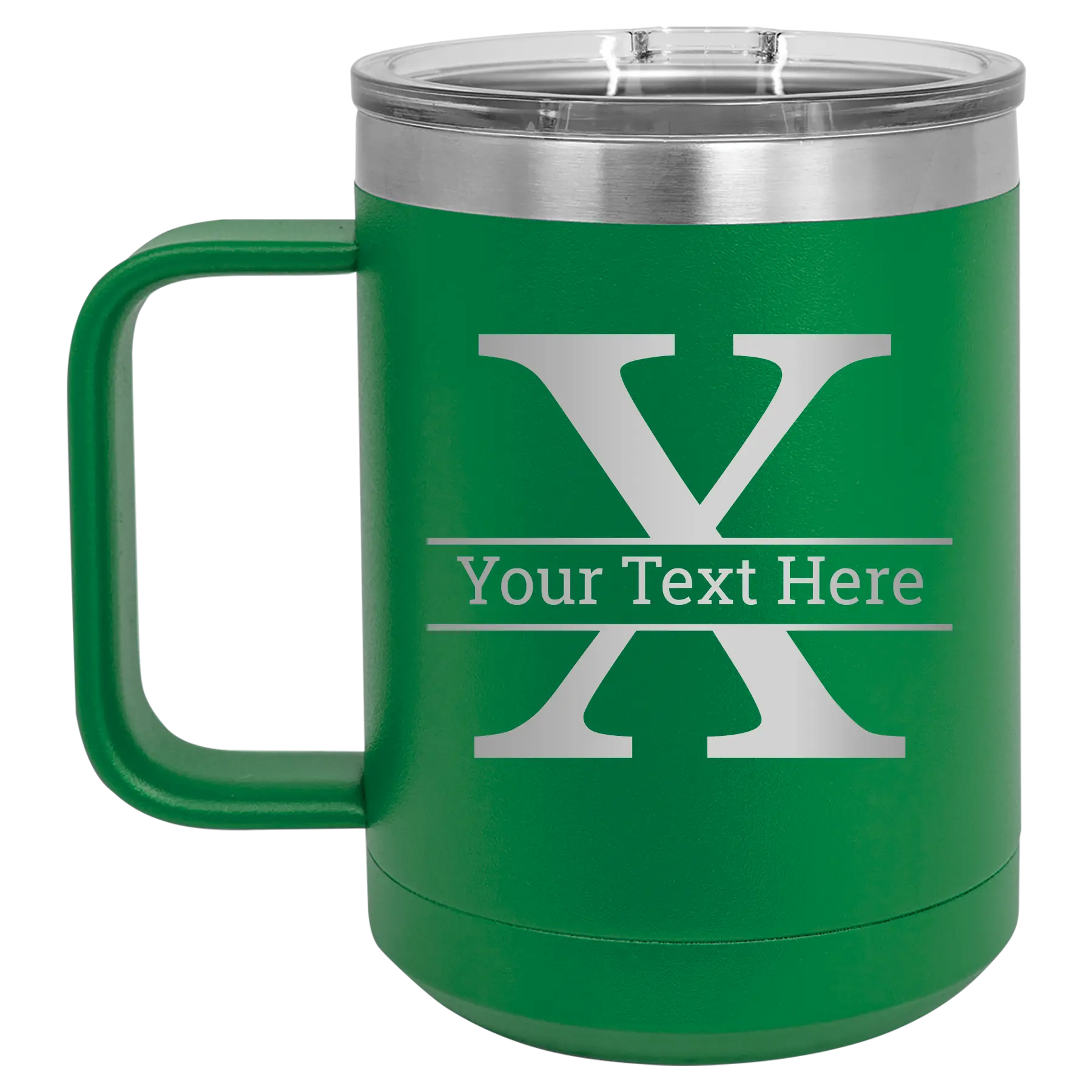Personalized green 15 oz vacuum insulated coffee mug with 'Monogram letter X' design