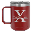 Personalized maroon 15 oz vacuum insulated coffee mug with 'Monogram letter X' design