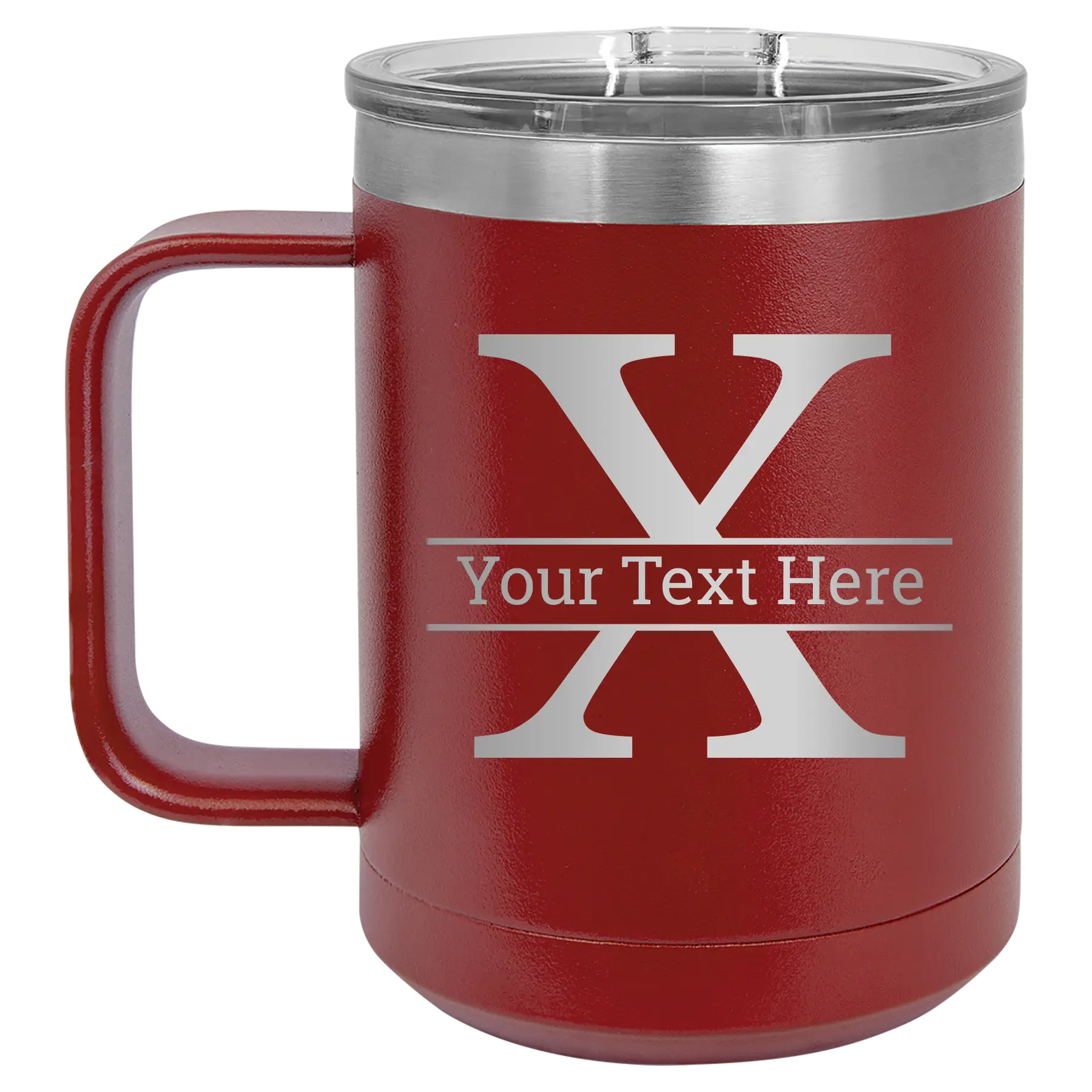 Personalized maroon 15 oz vacuum insulated coffee mug with 'Monogram letter X' design